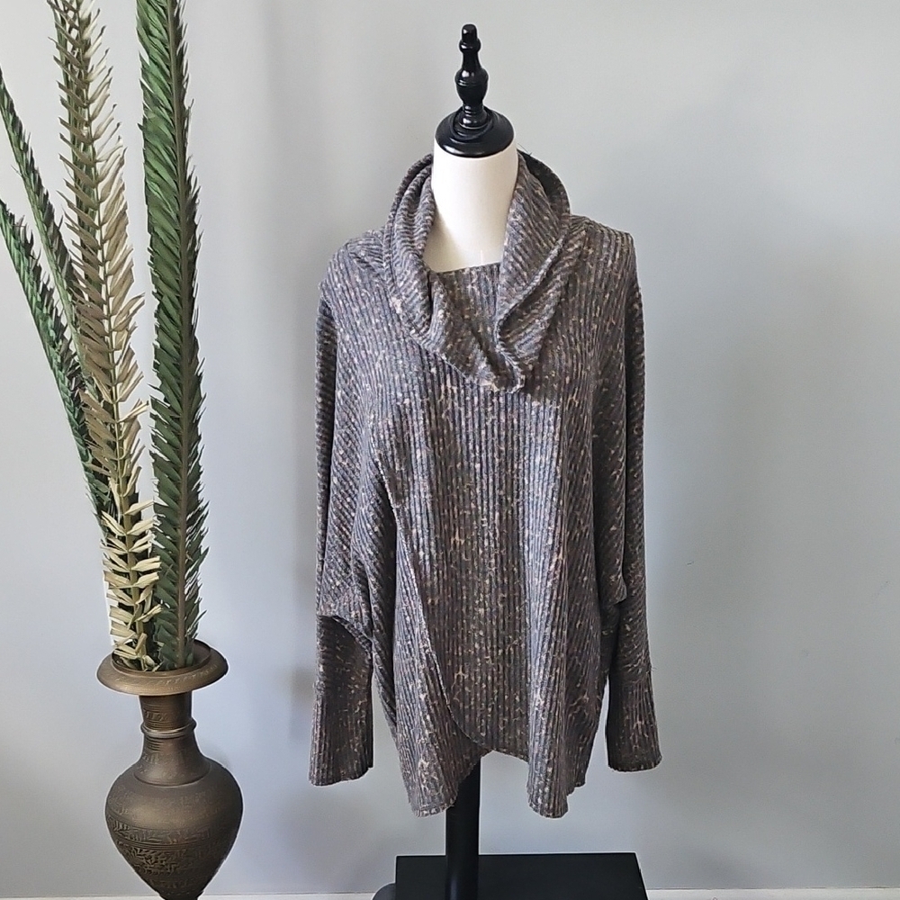 LuLaRoe Kristin Gray and Peach Cowl Neck Blouse